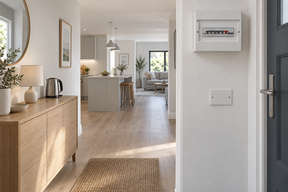 Modern open-plan living room and kitchen with light wood floors, featuring a console table, lamps, and a large wall mirror.