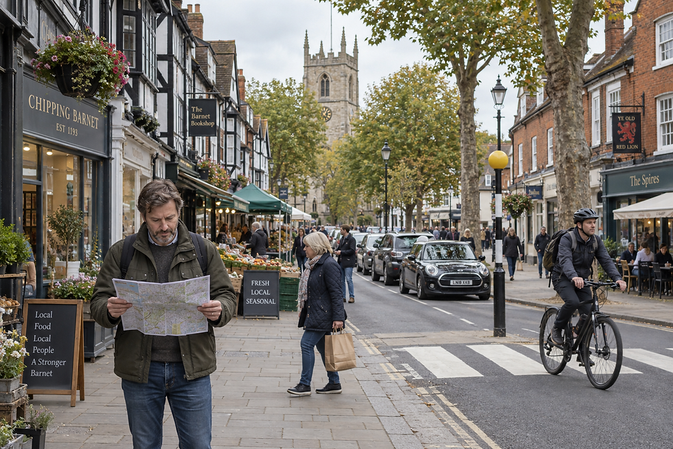 A man reads a map on a bustling British high street with shops and a church in the background.