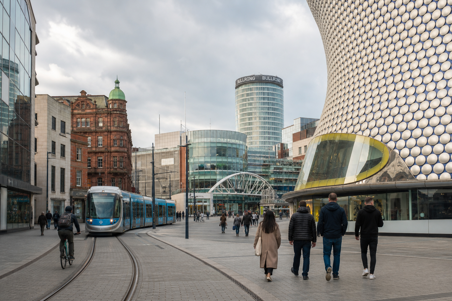 Tram travels through a busy urban area with modern and historic architecture, pedestrians walking nearby.