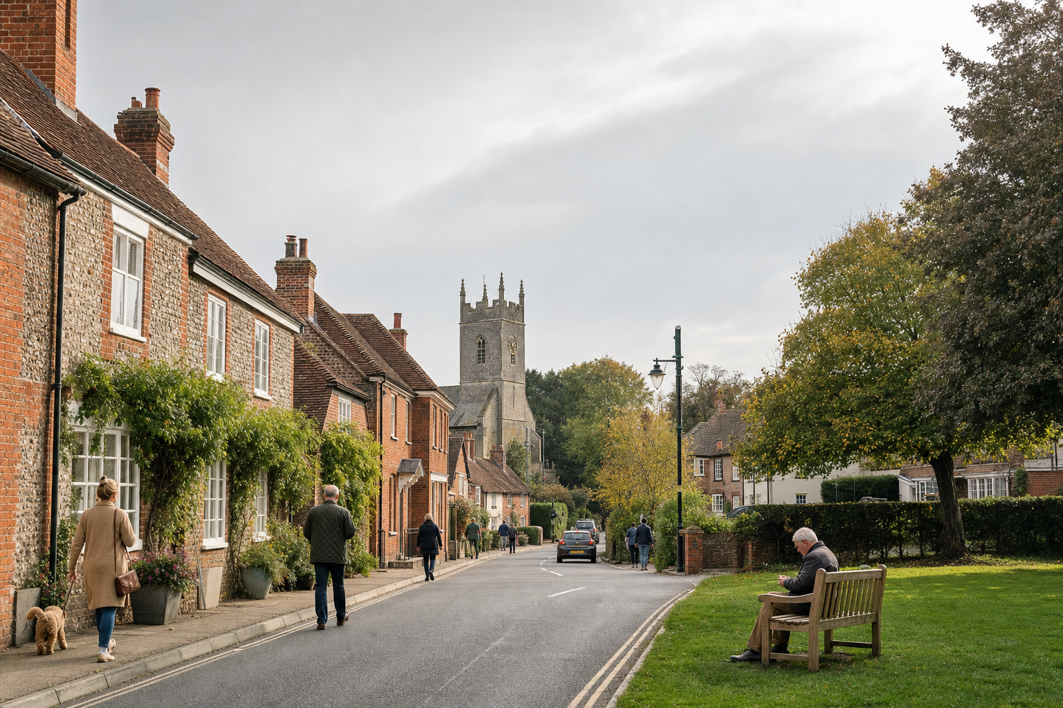 Leafy village street with people walking and a church tower in the background.