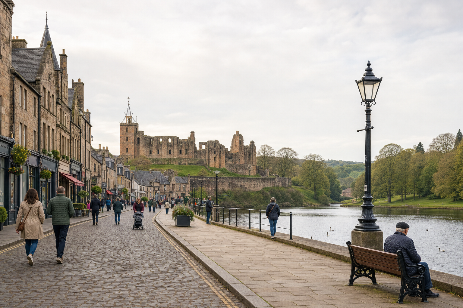 A quaint street leads to a historic castle, with people strolling along a riverside path and sitting on benches.