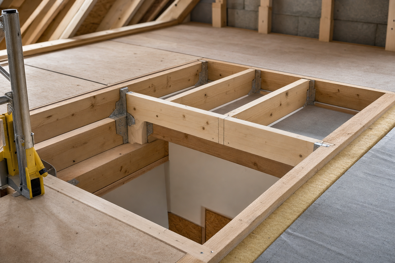 A wooden loft conversion with exposed beams and a staircase opening under construction.