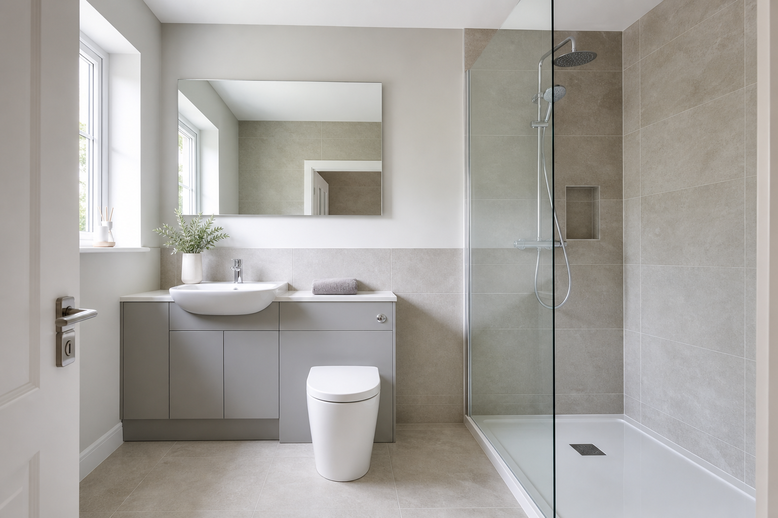 Modern bathroom with a sleek walk-in shower, grey vanity unit, and large mirror reflecting natural light from the window.