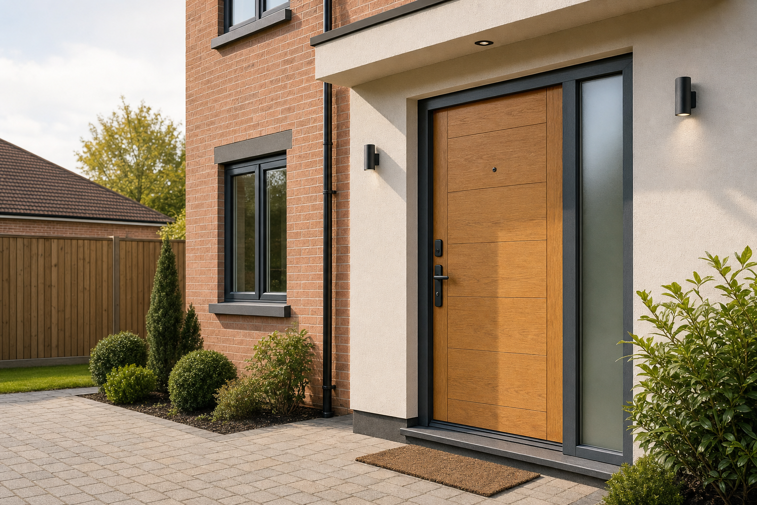 Modern front door with a wooden finish and frosted side glass, surrounded by brick and neatly trimmed bushes.