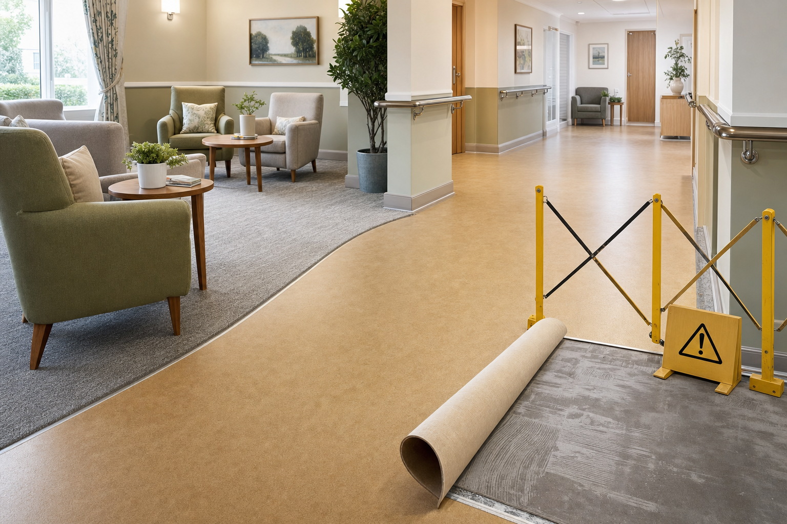 A senior living area under renovation with a roll of flooring and a caution barrier on one side.