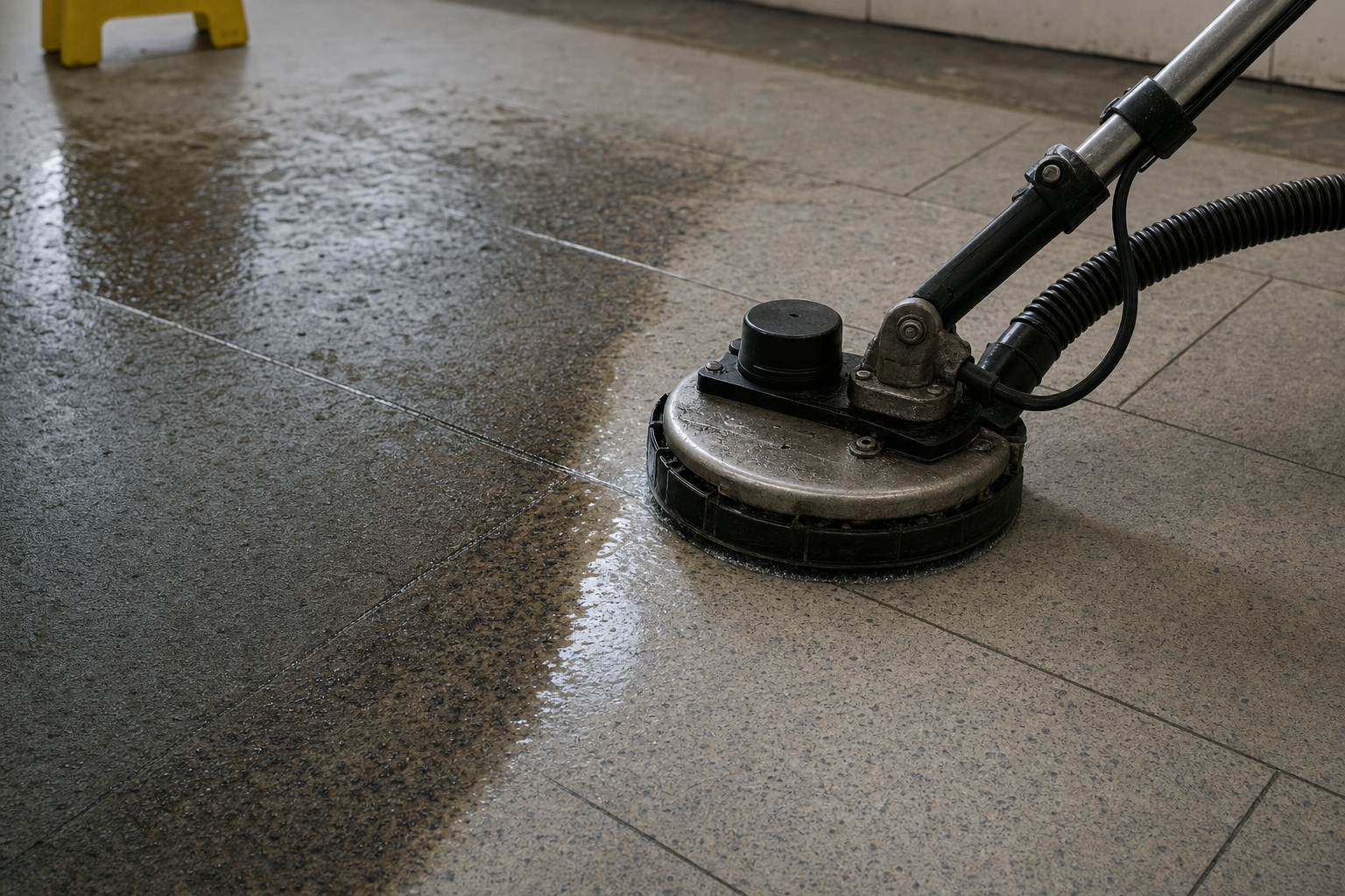 Tile floor being cleaned with a rotary machine, visibly showing a wet, clean path beside a dirty section.