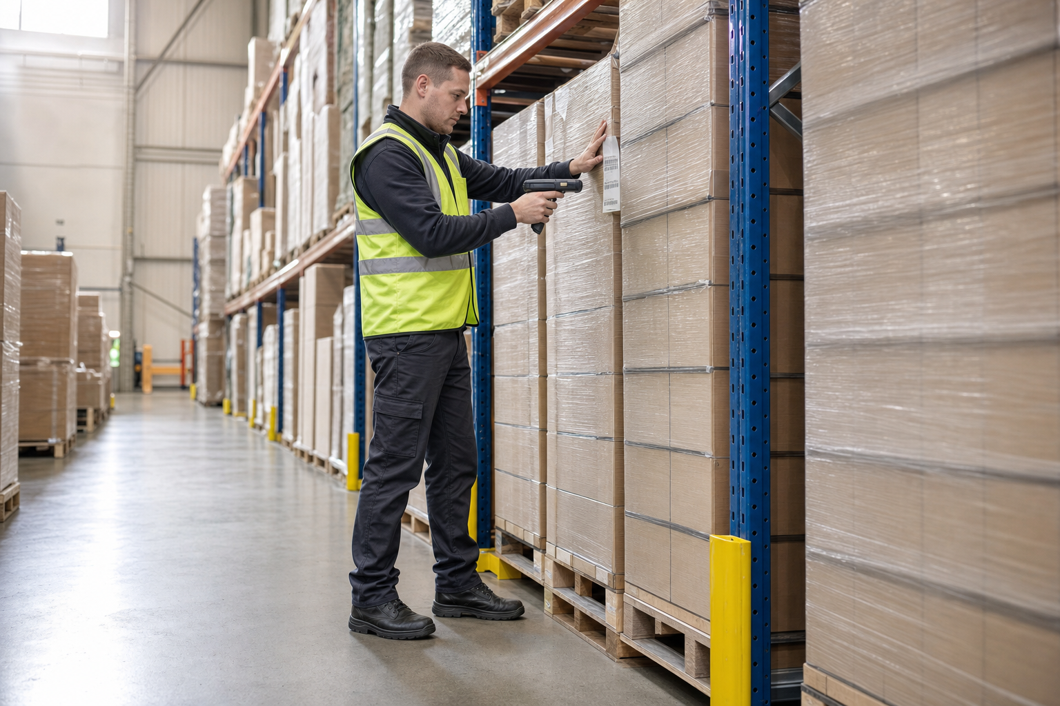 Warehouse worker scanning barcodes on a pallet with a handheld device.