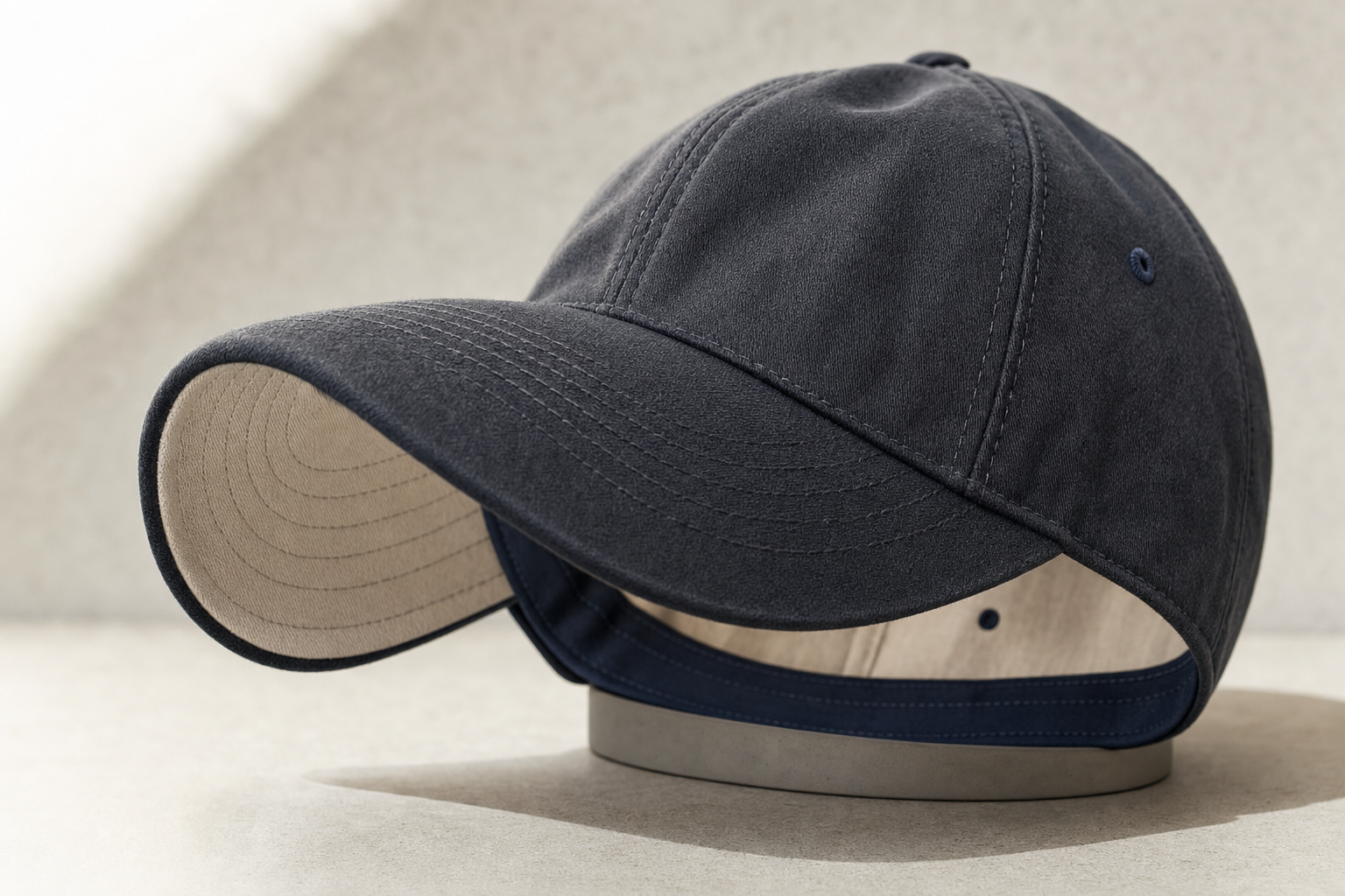 Dark grey baseball cap with a curved brim resting on a light surface.