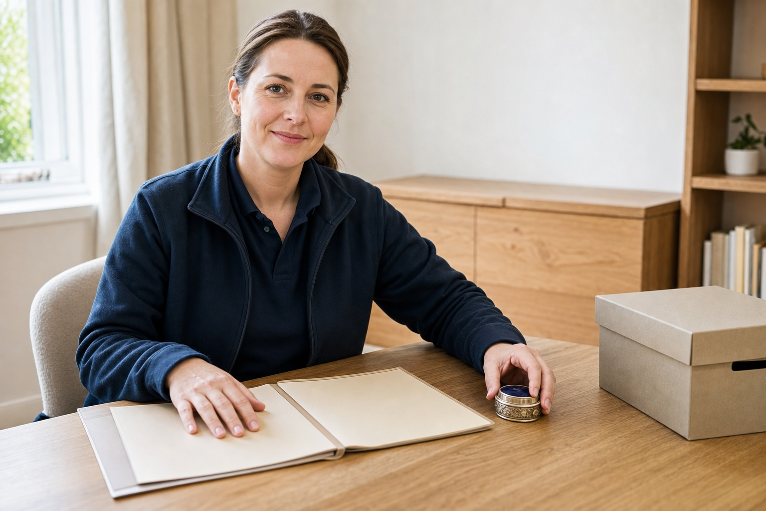 A woman seated at a wooden table looking at the camera, with an open book and a decorative container.