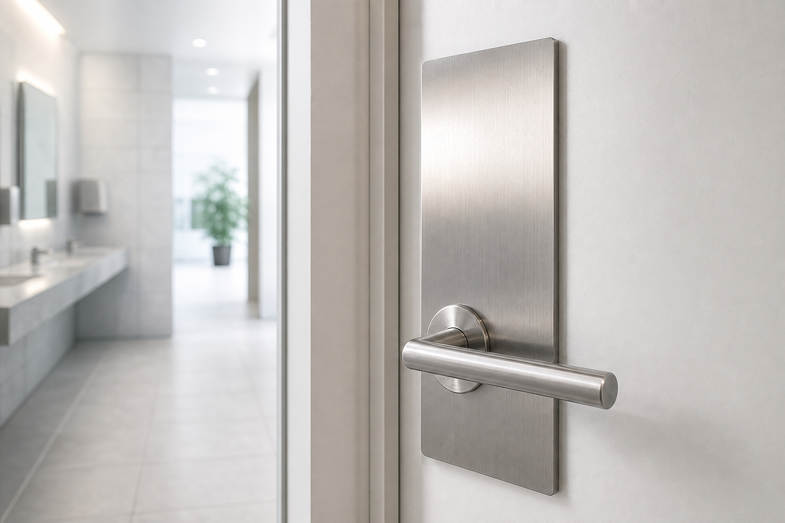 A sleek stainless steel door handle on a modern public bathroom door with blurred interior and potted plant visible.