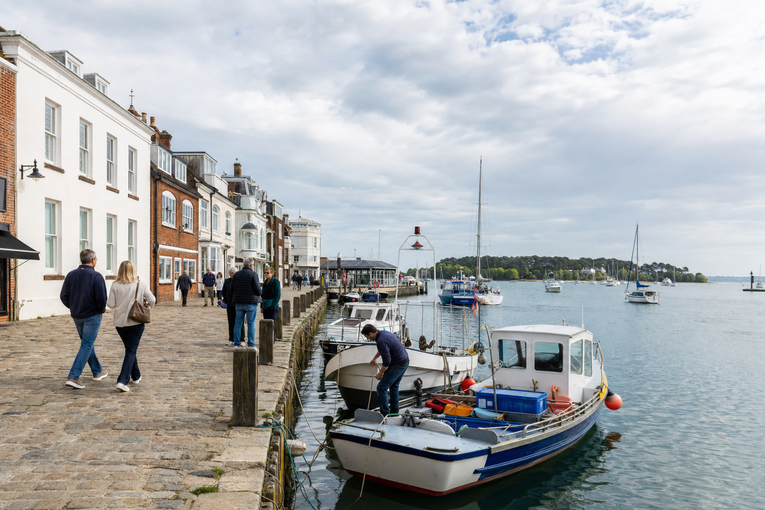 Harbour scene with boats and people walking along a cobblestone path beside historic waterfront buildings.
