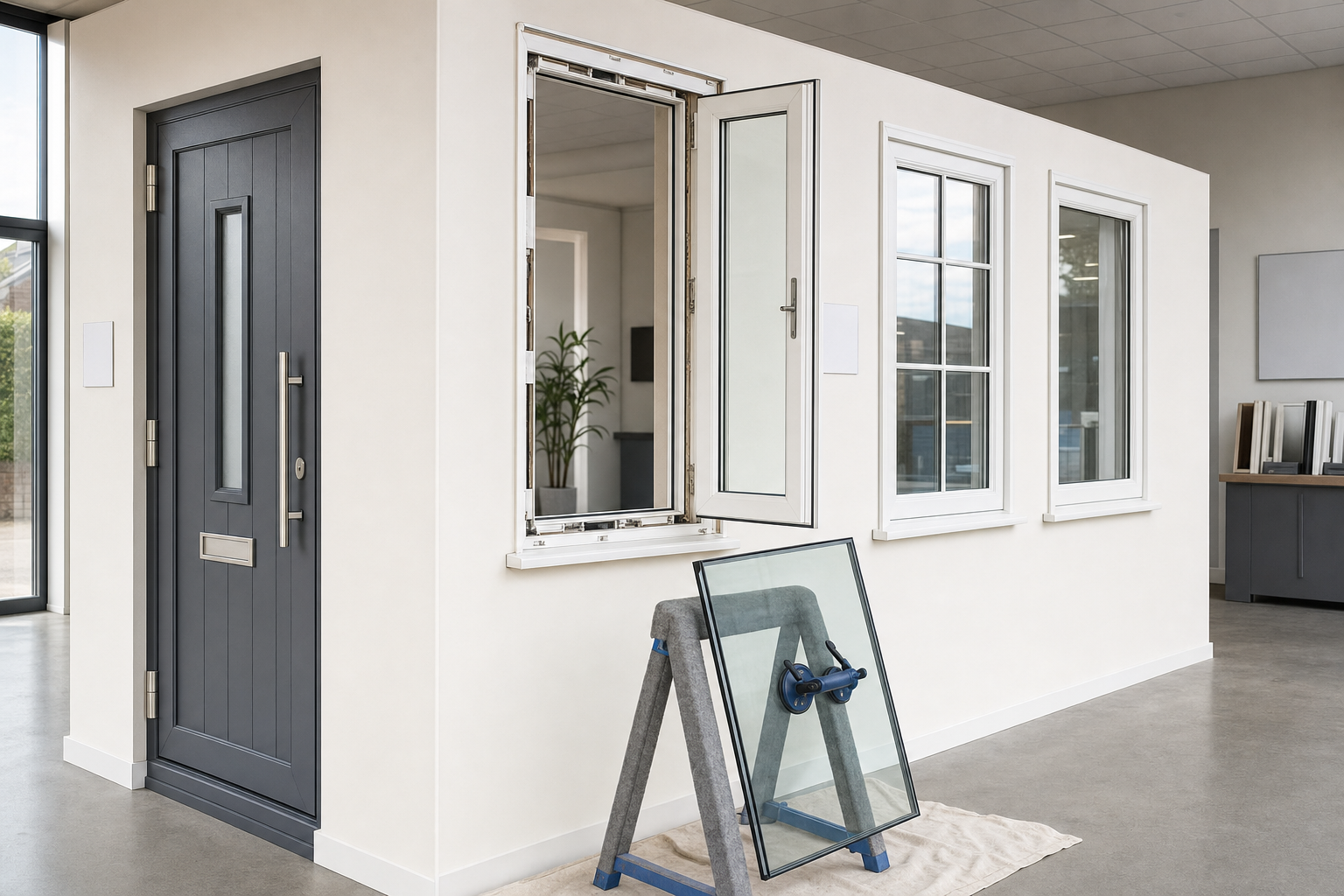 A display area with grey door, open window, and glass pane resting on a stand.