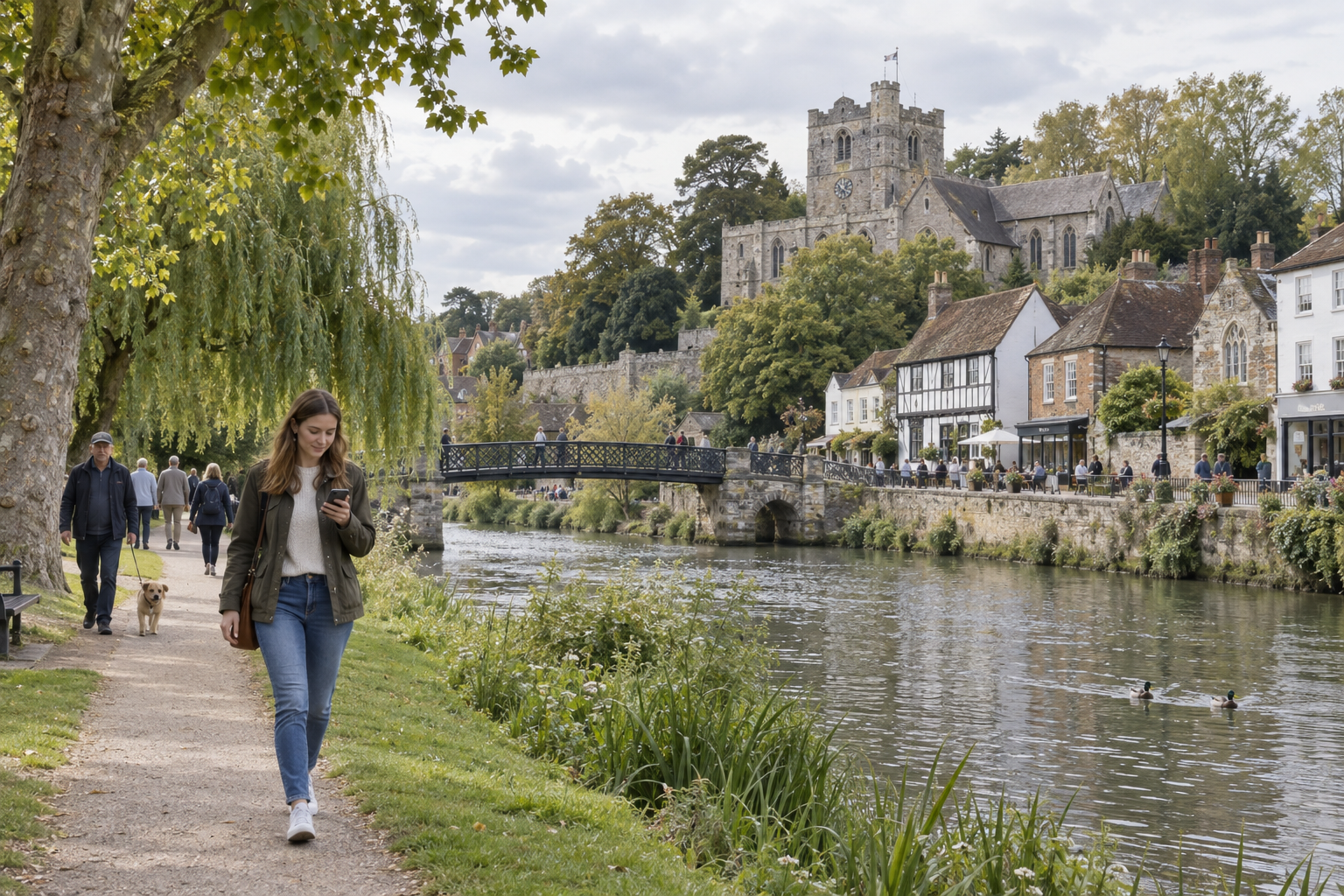 A woman walks along a riverside path near a bridge, with a historic building and ducks in the background.