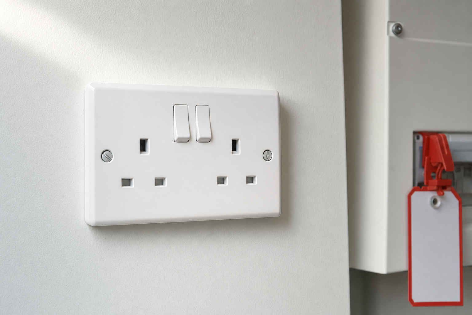 Double UK electrical socket with switches on a white wall next to a tagged breaker.
