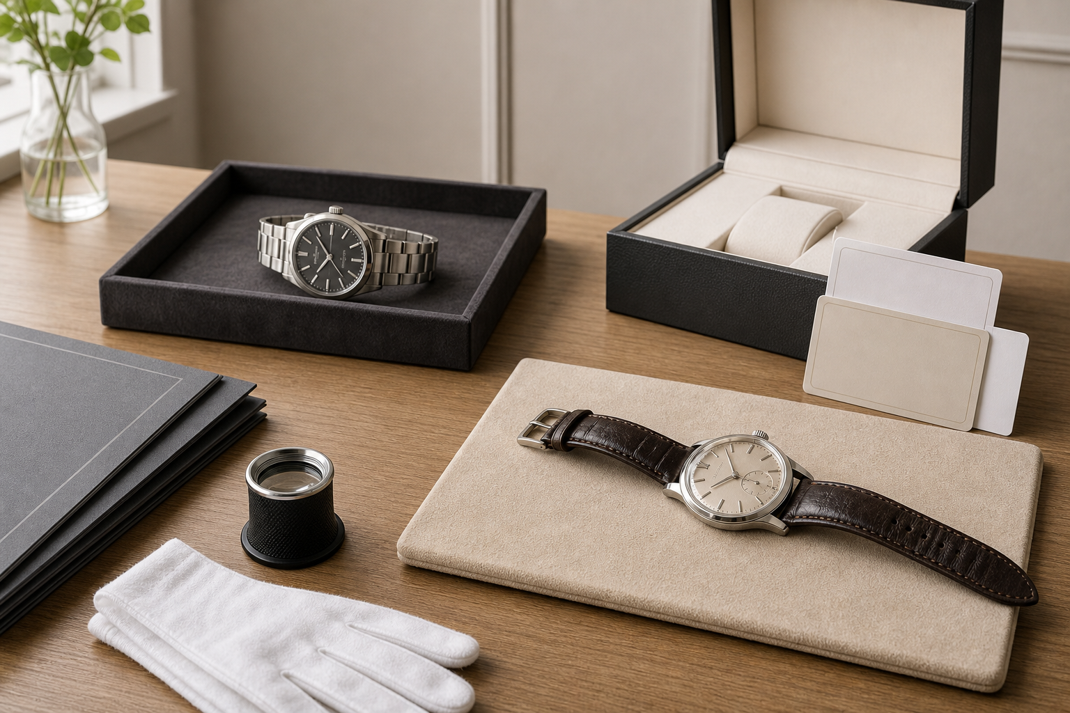 Two luxury watches are displayed on a wooden desk, surrounded by a loupe, gloves, and watch boxes.