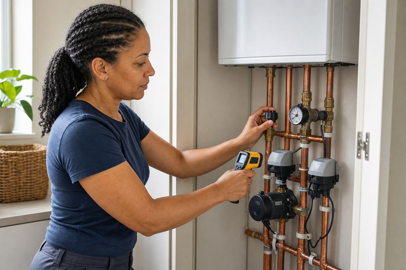 A woman using an infrared thermometer to check copper pipes and valves in a utility room.