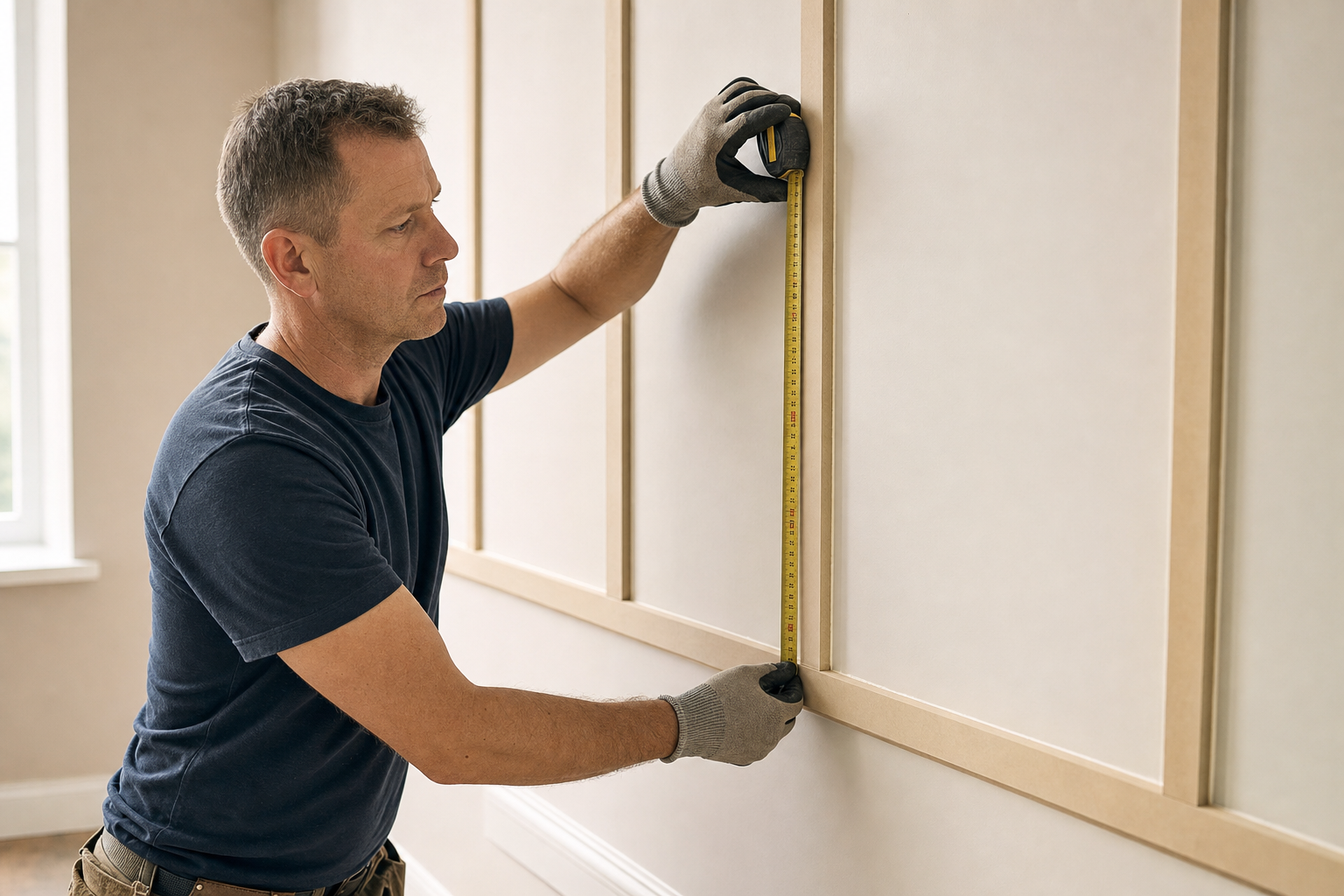 Carpenter measuring vertical wall panelling battens with a tape measure.