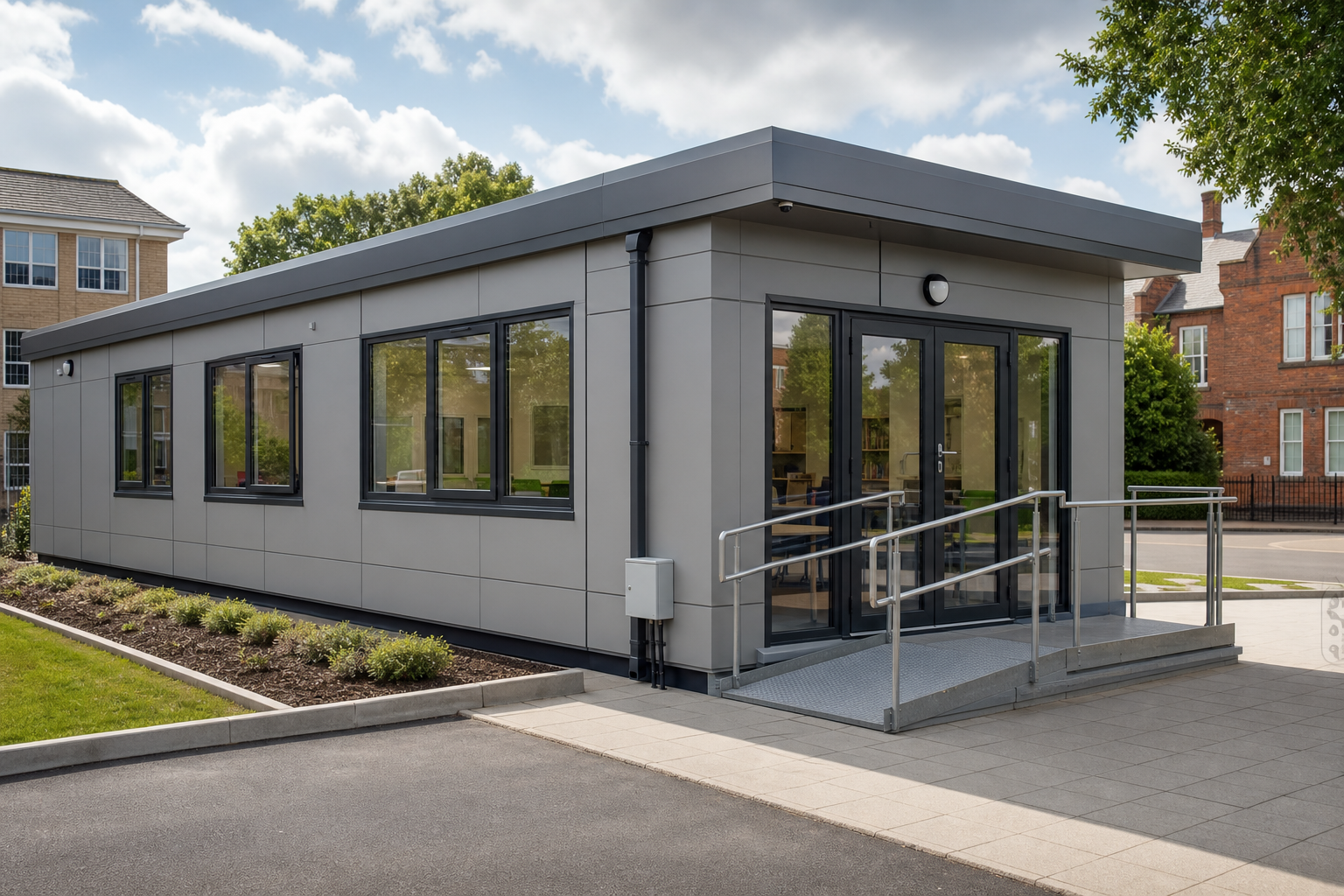 Modern portable office building with large windows and an accessible ramp.