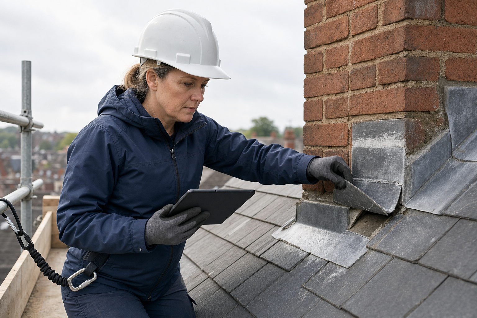 Woman in a hard hat and gloves inspecting lead flashing on a rooftop near a chimney holding a digital tablet.
