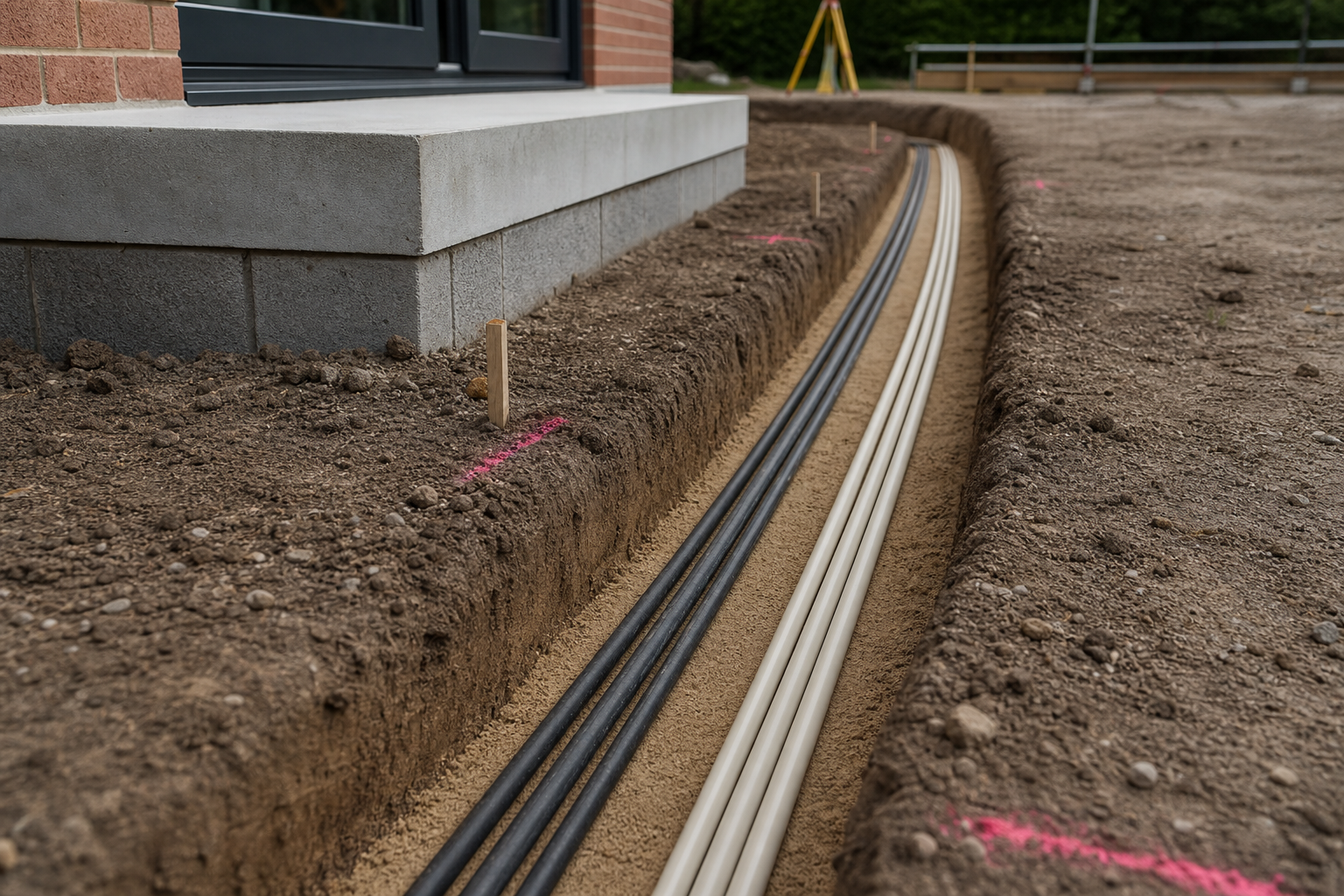 Electrical and data cables are laid in a trench alongside a building under construction.