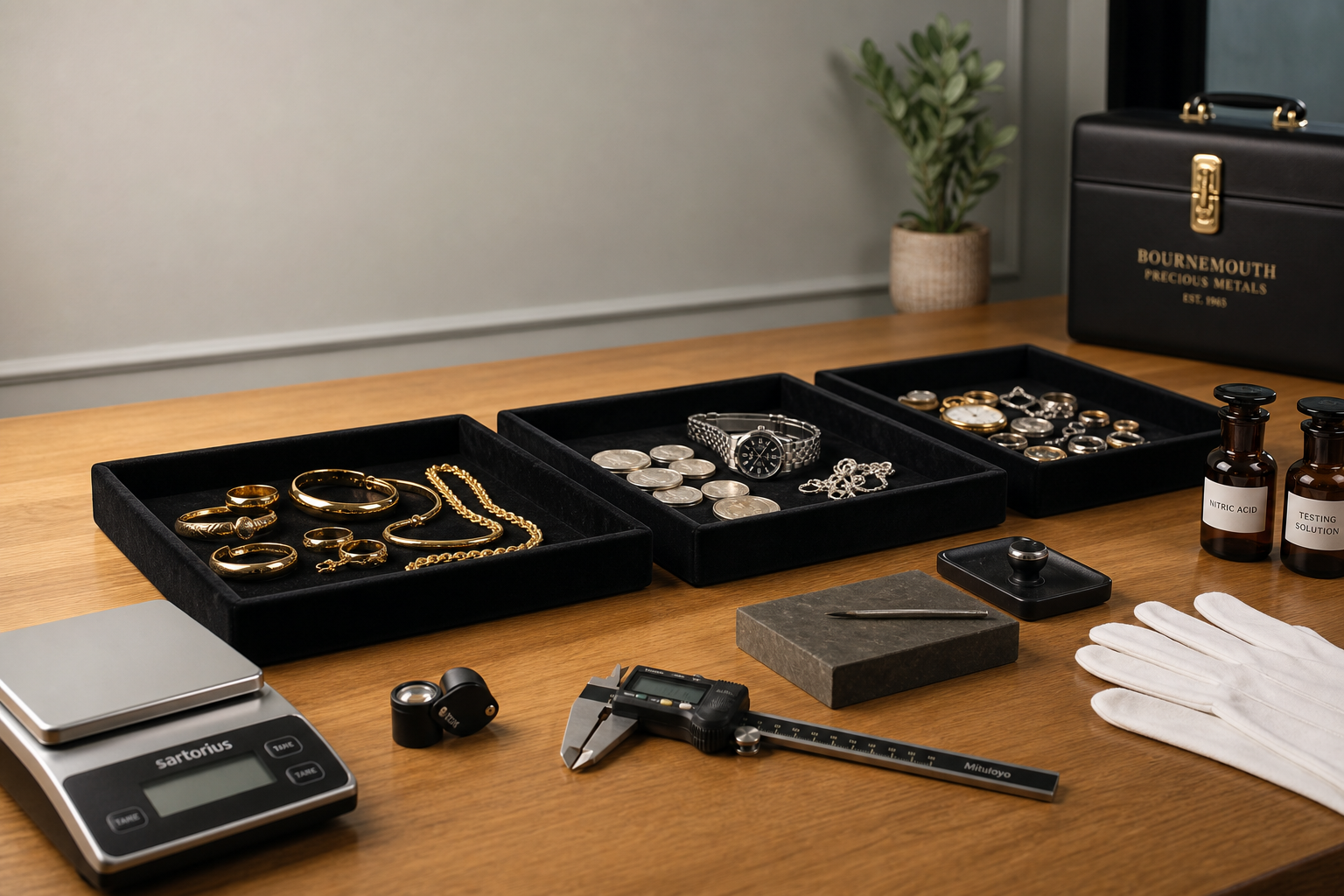 Jewelry, coins, and tools laid out on a wooden table for appraisal.