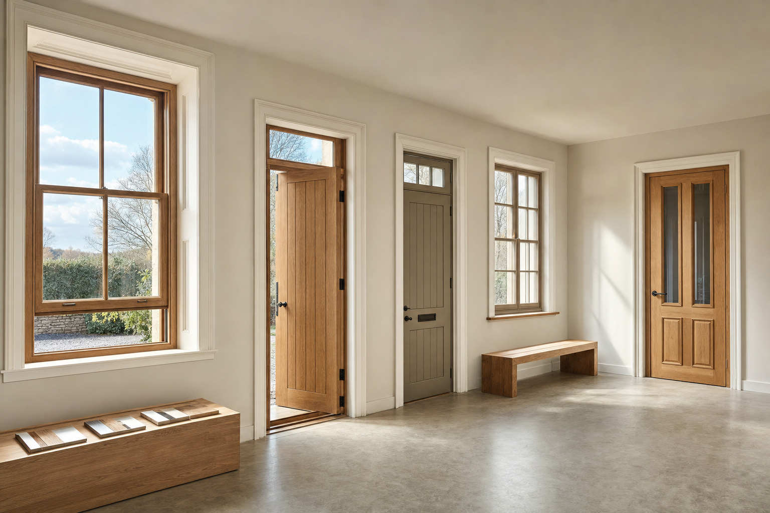 A bright, minimalist interior with large windows, wooden doors, and benches along the walls.