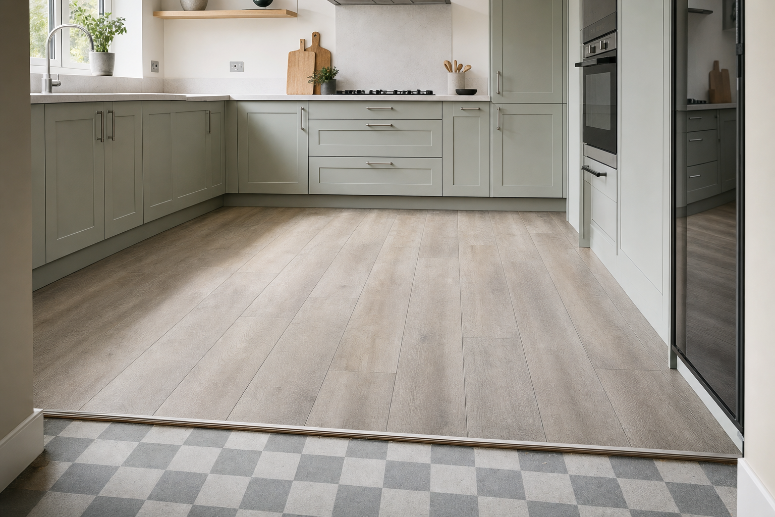 Modern kitchen with light grey cabinets, wooden floor, and a chequered entrance flooring.