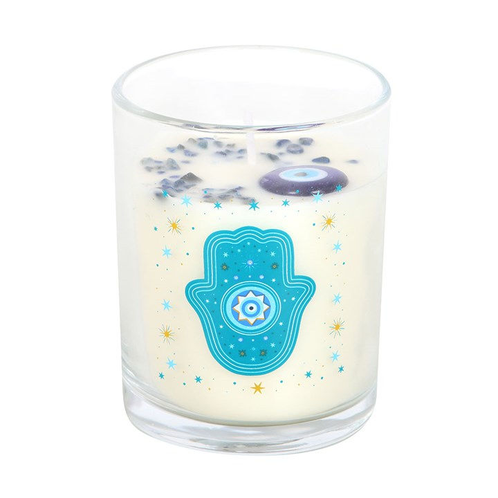 Thumbnail: Hand of Hamsa White Rose Candle with Crystals