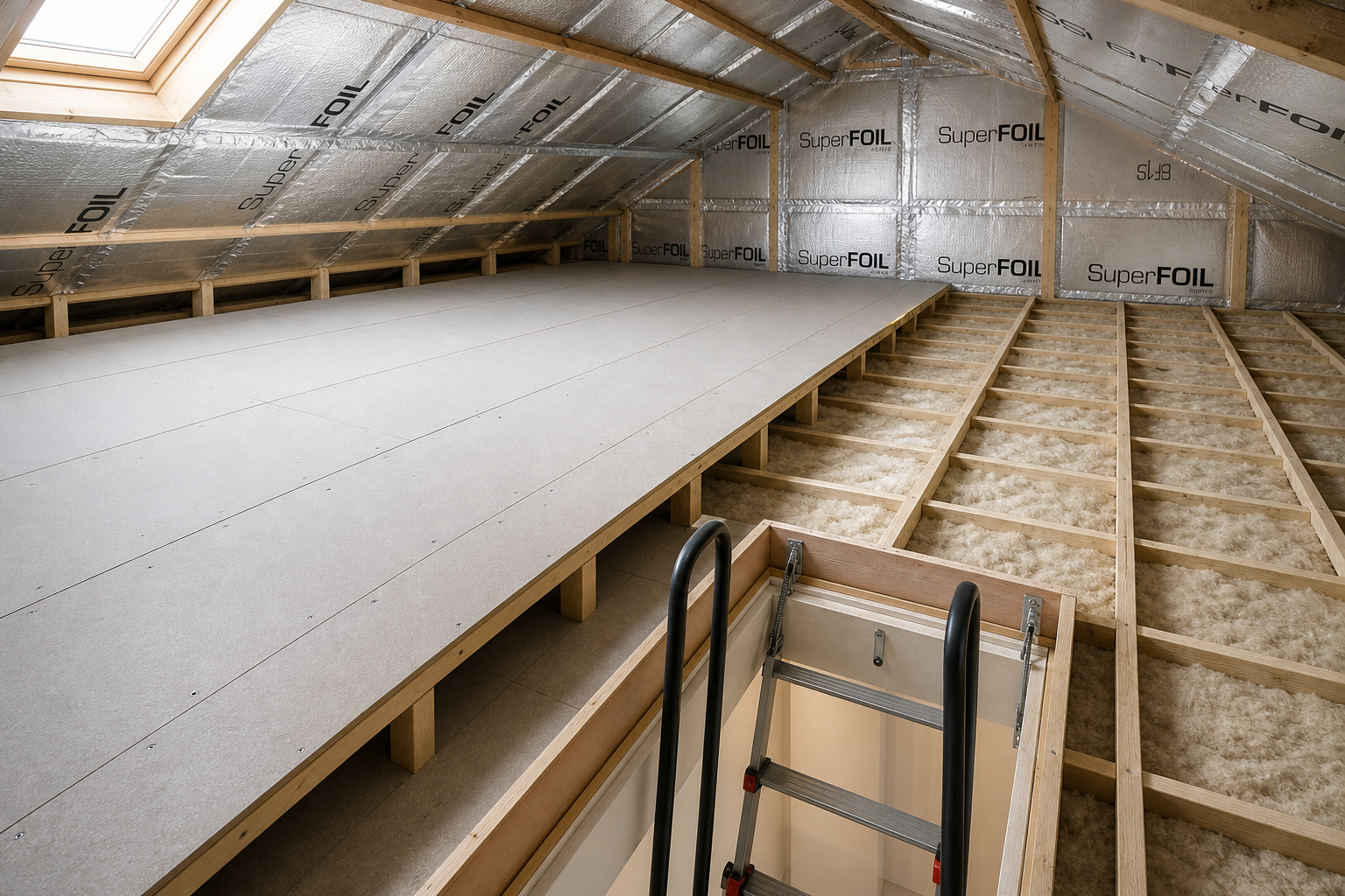An insulated attic with a partially boarded floor and a loft ladder, showing a roof window and SuperFOIL insulation panels.