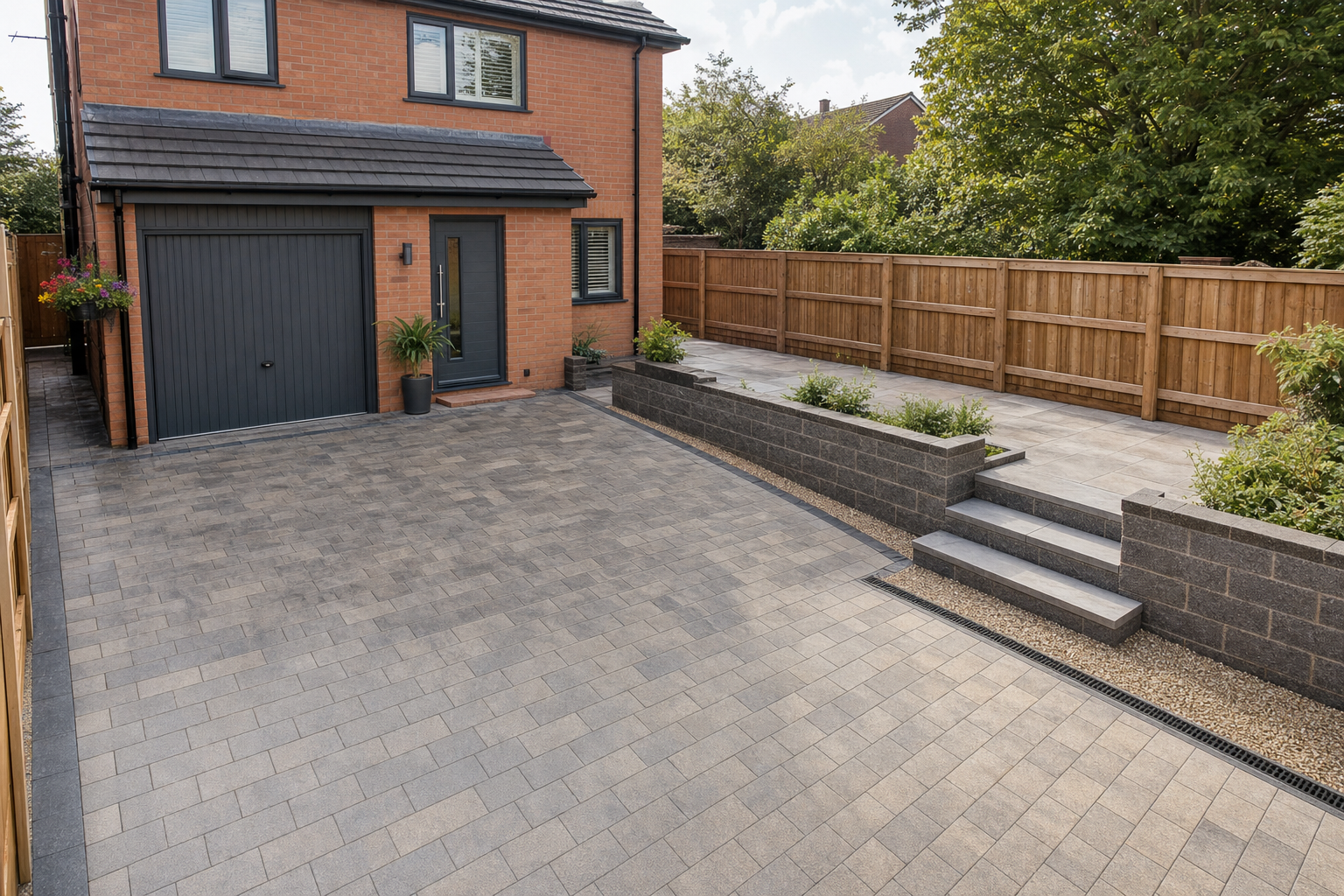 Modern house with a grey garage door, block paved driveway, and neatly landscaped garden.