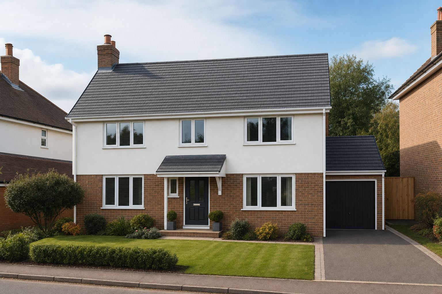 A modern two-storey house with a driveway and garage, surrounded by a neatly trimmed garden.