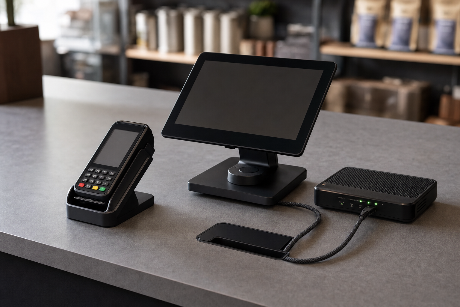 Modern point-of-sale system with card reader, touchscreen display, and connected terminal on a countertop.
