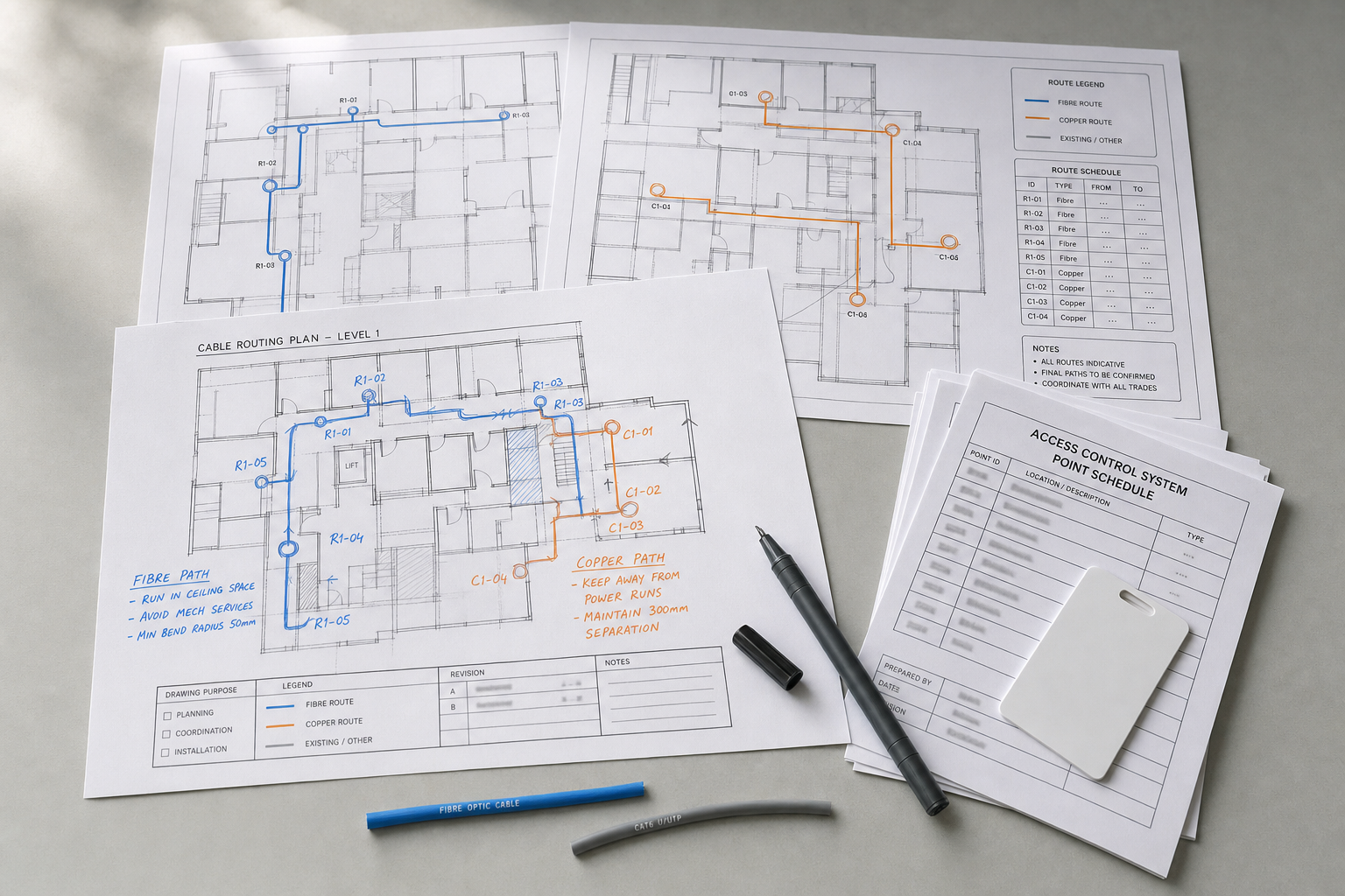 Technical blueprints and documents for cable routing and access control systems on a table with pens and an ID badge.