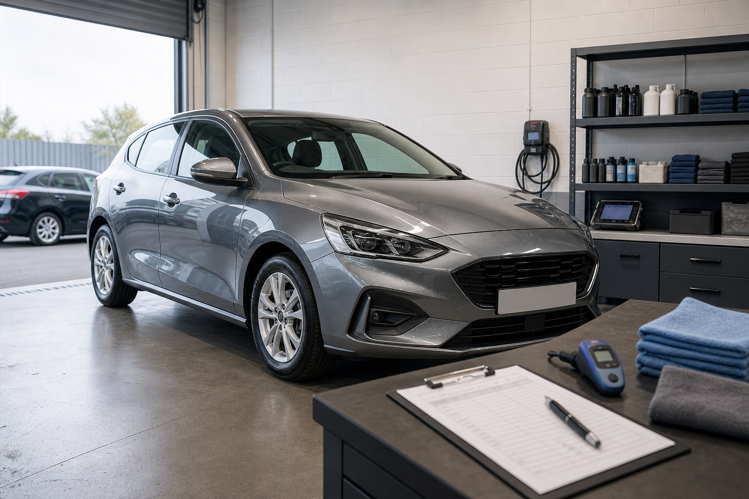 A silver car is parked in a garage with maintenance items on a nearby table.