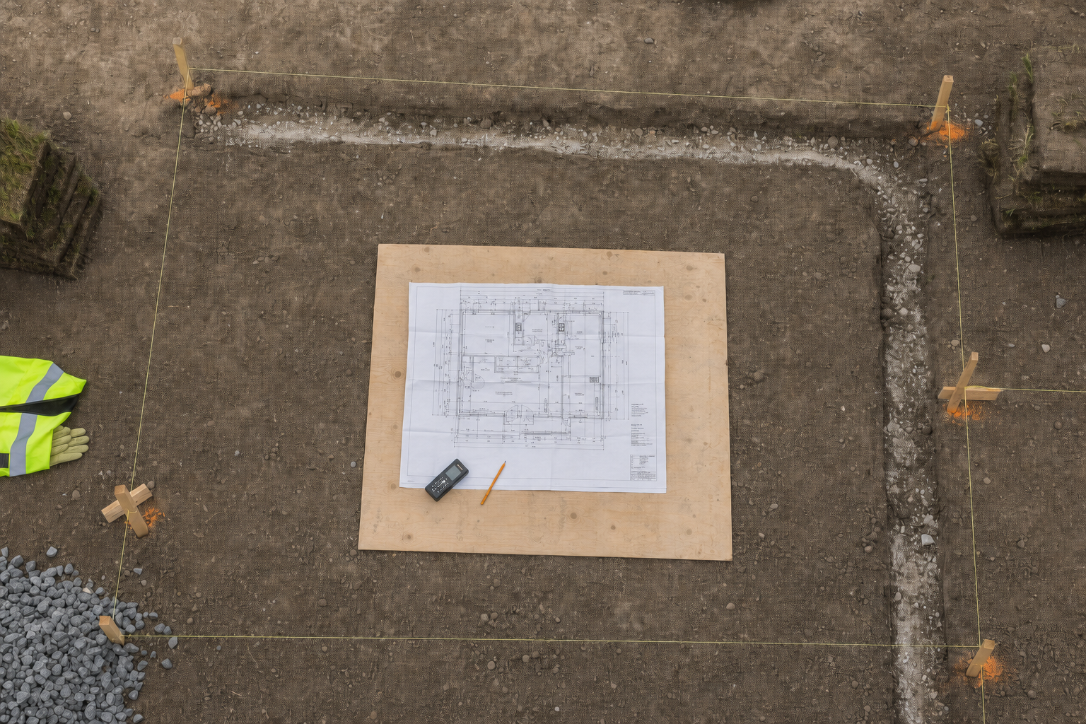 A construction site with building plans, a calculator, and a pencil on a board, surrounded by stakes and gravel.