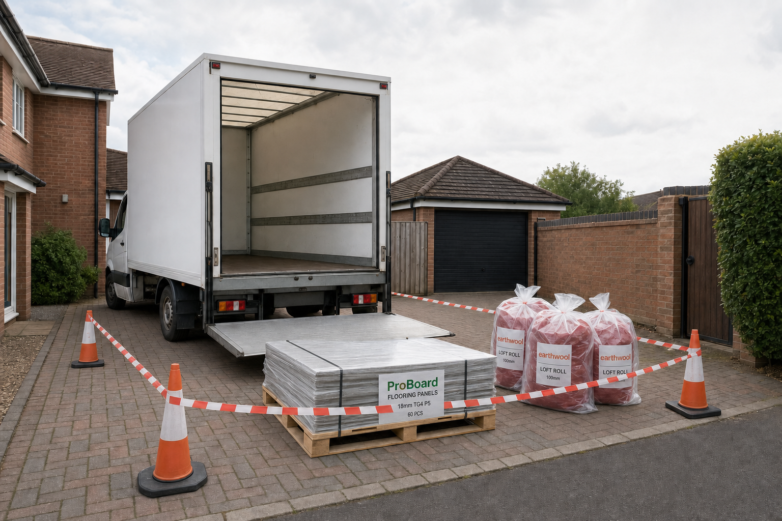 Delivery truck with open back doors parked on a driveway, surrounded by construction materials and safety cones.