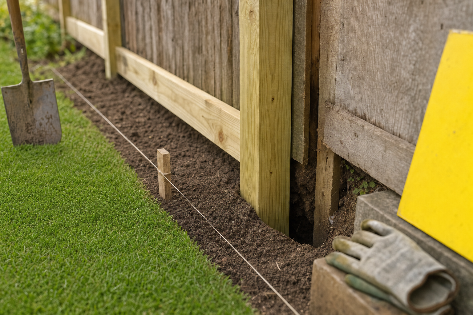 A garden fence under construction with a spade, string line, and work gloves visible on the ground.
