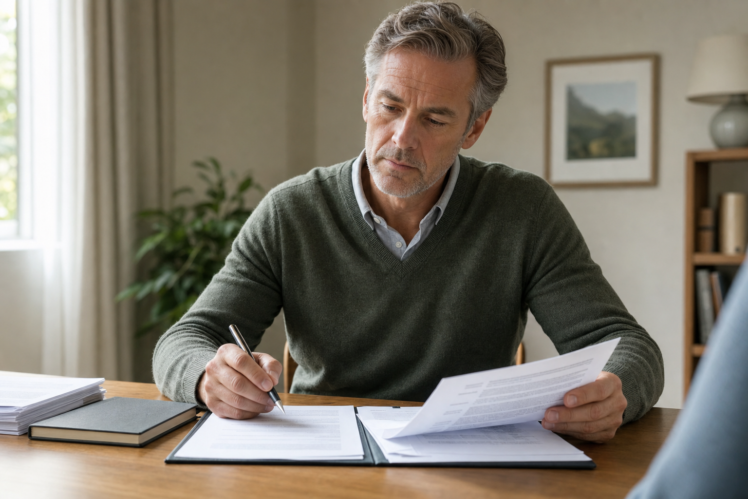 Man in a green jumper reviewing documents at a wooden desk in a cosy room.
