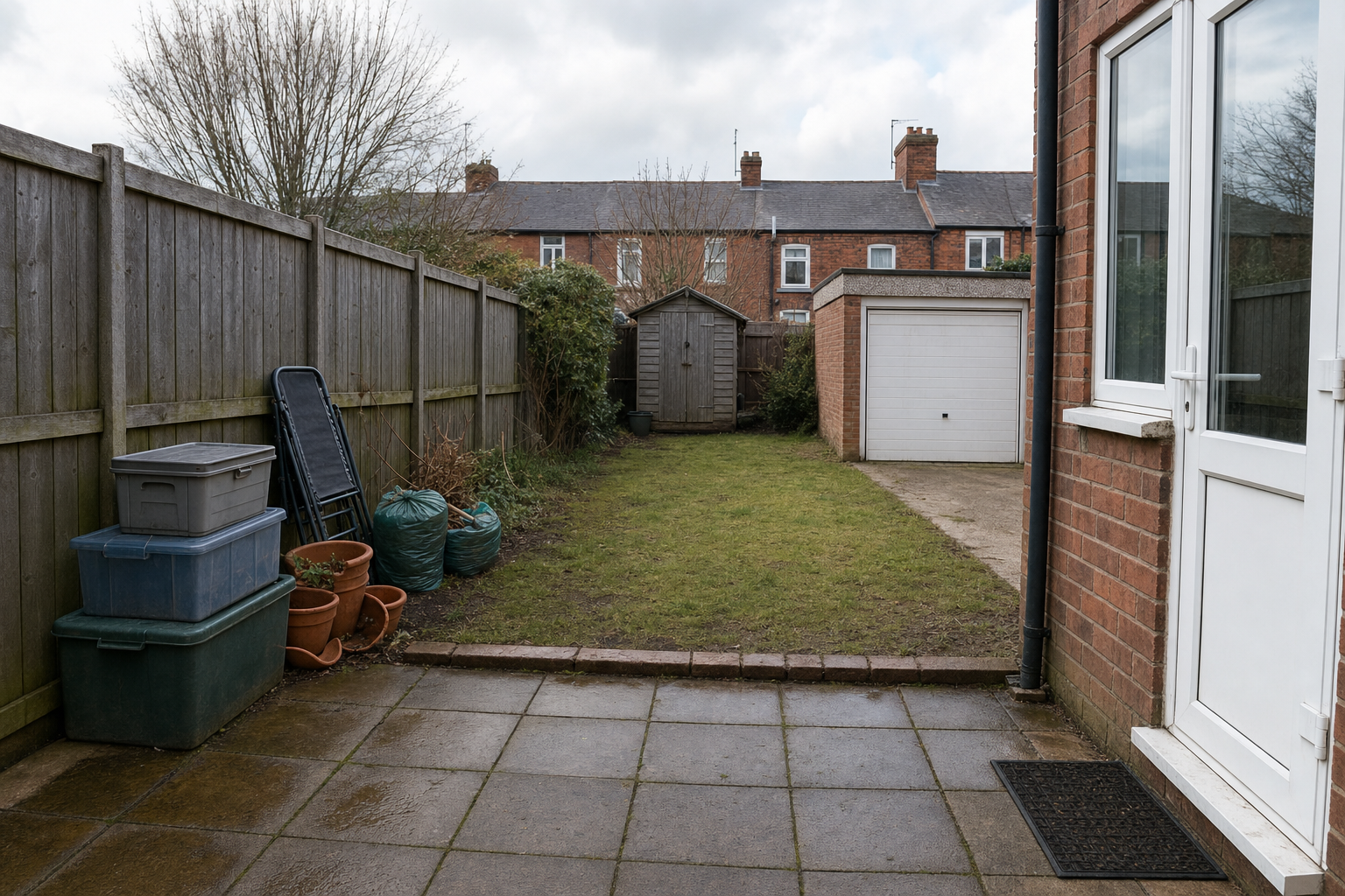 A small backyard with a shed, lawn, and patio, bordered by a wooden fence and brick garage.