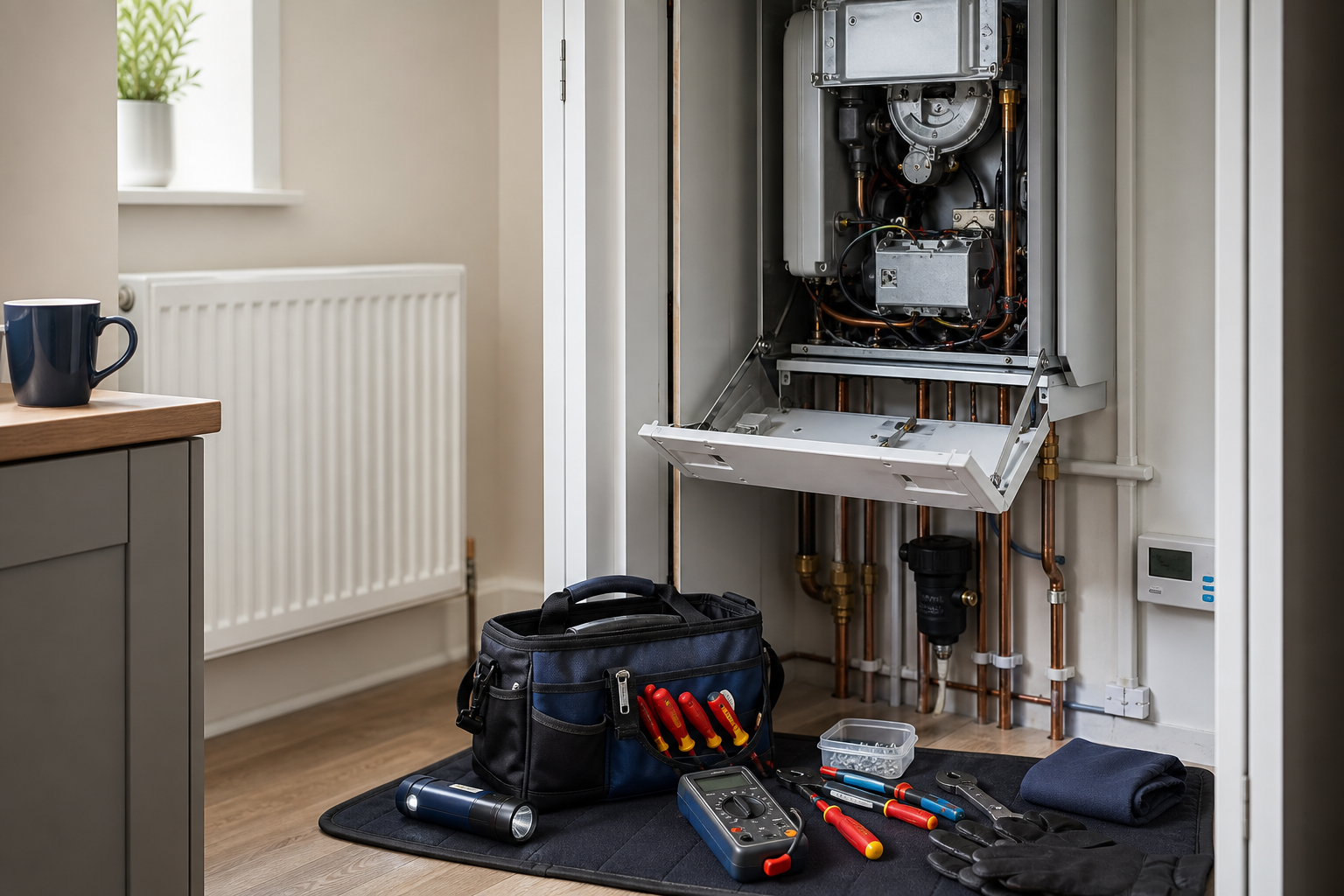 Open boiler cupboard with tools and a toolbox on the floor, ready for maintenance.