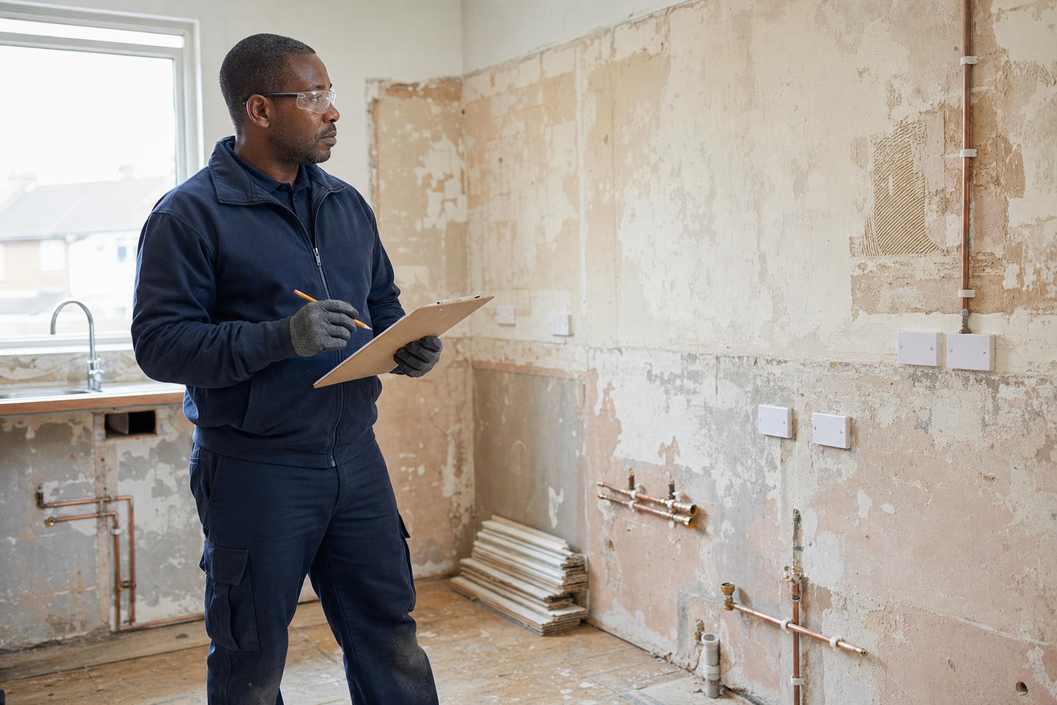 Construction worker assessing a room with partially installed plumbing and wiring.