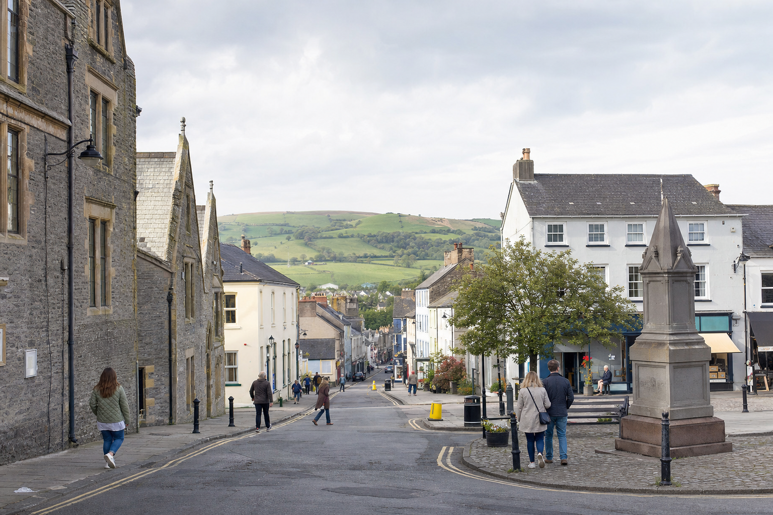 Street scene in a quaint town with people walking and a backdrop of rolling green hills.