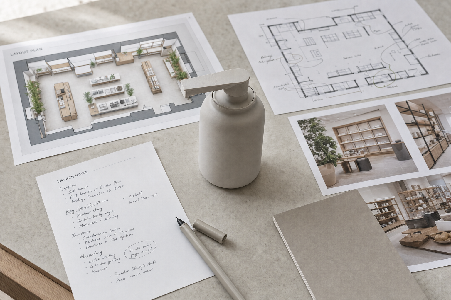 Architectural plans and notes on a table with a pen and soap dispenser.