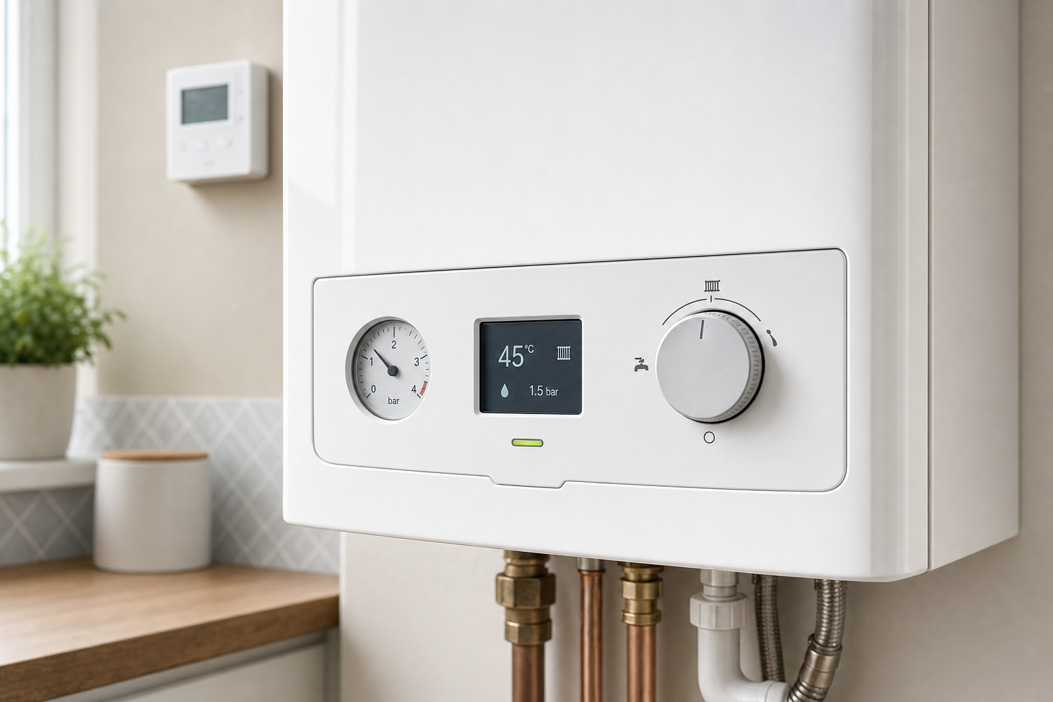 Close-up of a modern white boiler with a digital display showing 45°C and 1.5 bar, installed in a domestic kitchen.