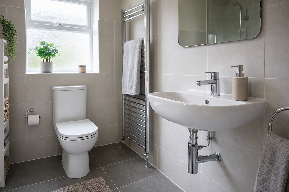 Modern bathroom with white fixtures, a wall-mounted sink, and a heated towel rail beside a frosted window.