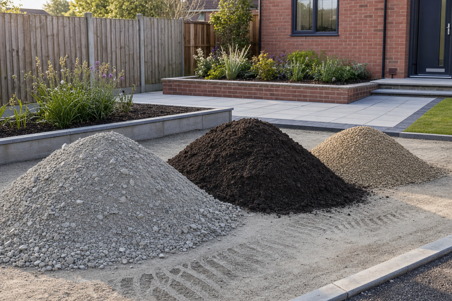 Three piles of gravel, soil, and sand in a garden under construction by a brick house.
