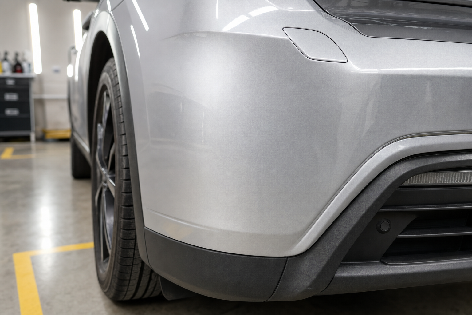 Rear bumper and tyre of a silver car in a garage setting.