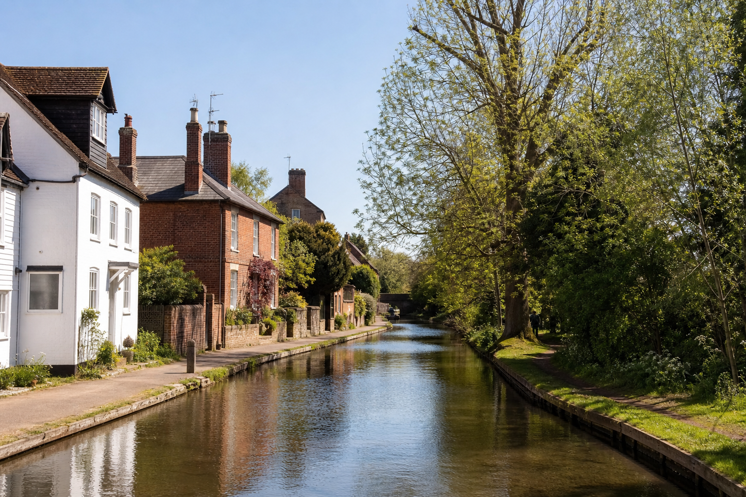 A peaceful canal lined with charming brick houses and lush trees under a clear blue sky.