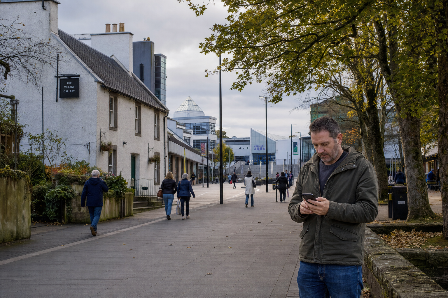 A man in a green jacket looks at his phone while standing on a pedestrian street lined with trees and buildings.
