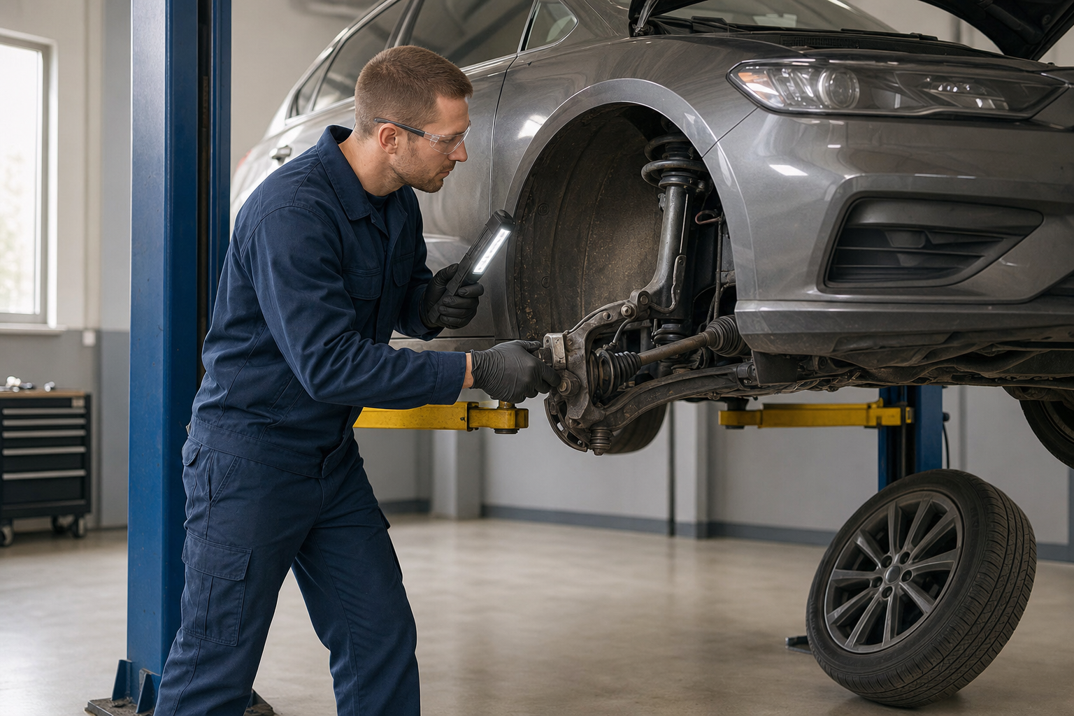 Mechanic in blue overalls inspects the suspension of a silver car on a lift, using a flashlight for better visibility.